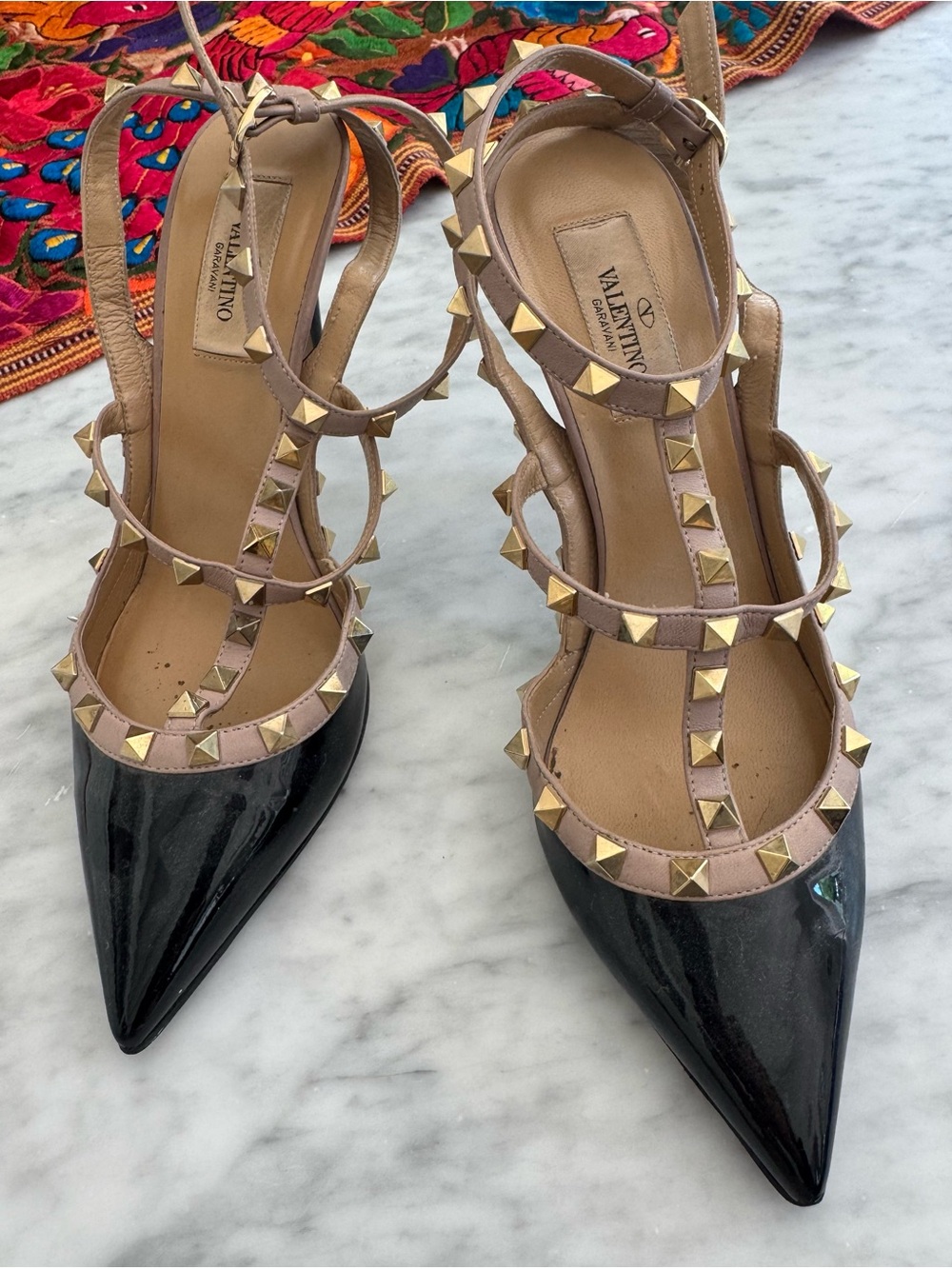 Valentino Garavani Black Patent and Nude Rockstud Strappy Pointed Pumps